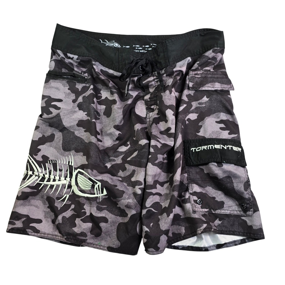 Tormenter Board Shorts Mens 36 Grey Camo Fish Skeleton‎ Fishing Surf Swim Trunks